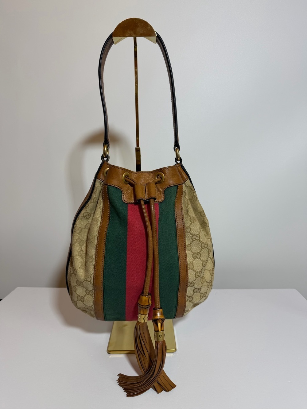Gucci Brown Monogram Canvas Drawstring Bucket Shoulder Bag with Green-Red Web